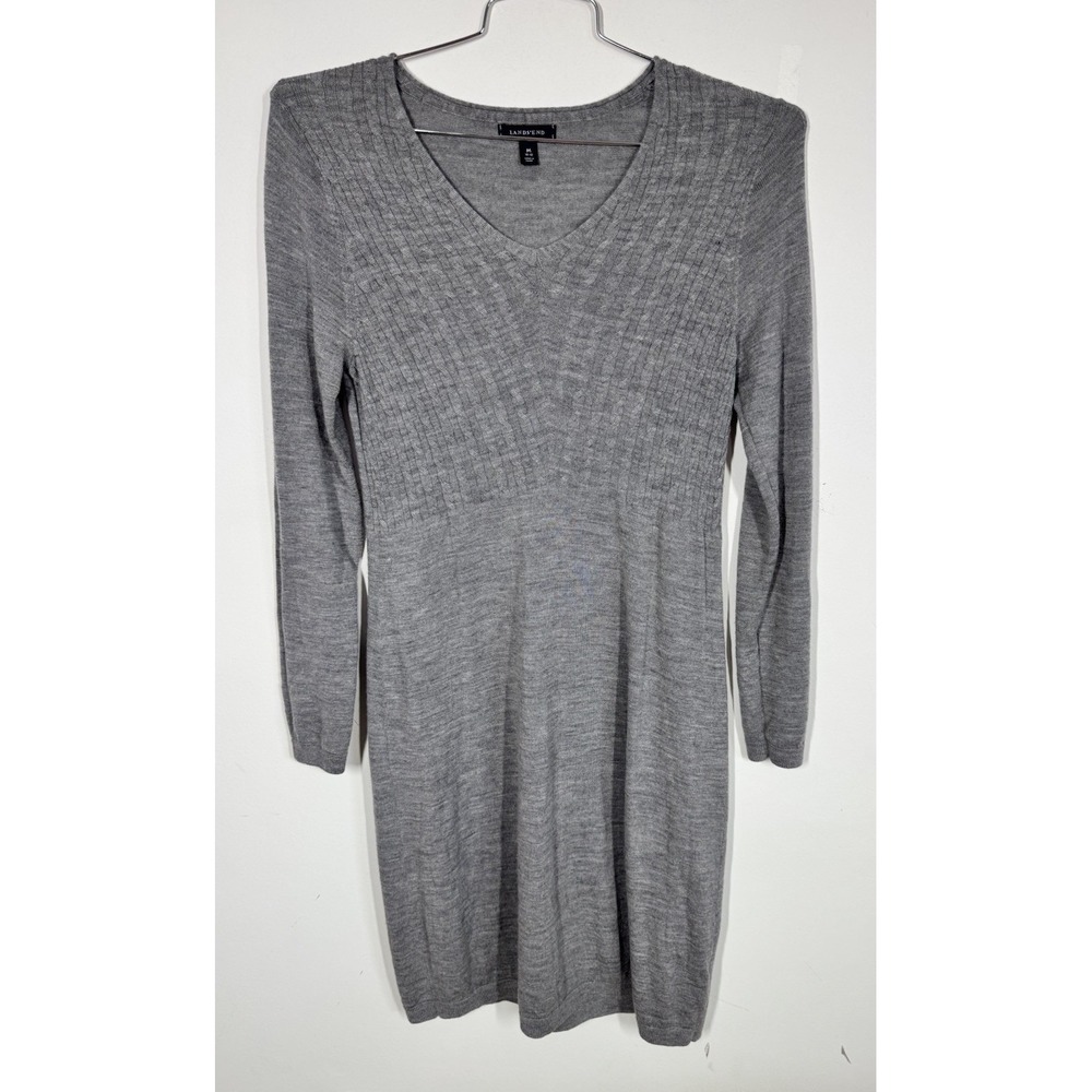 Lands End 100% Merino Wool Long Sleeve Cable Knit V- Neck Midi Dress Size M Gray